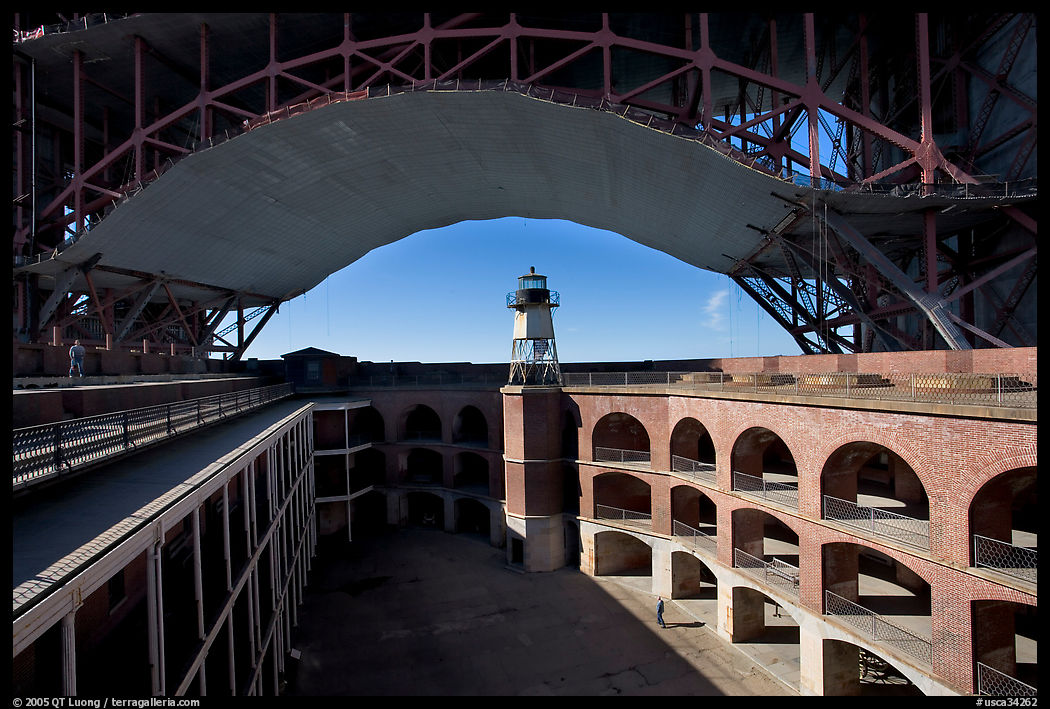 Fort Point courtyard, lighthouse,  and arch of the Golden Gate Bridge. San Francisco, California, USA