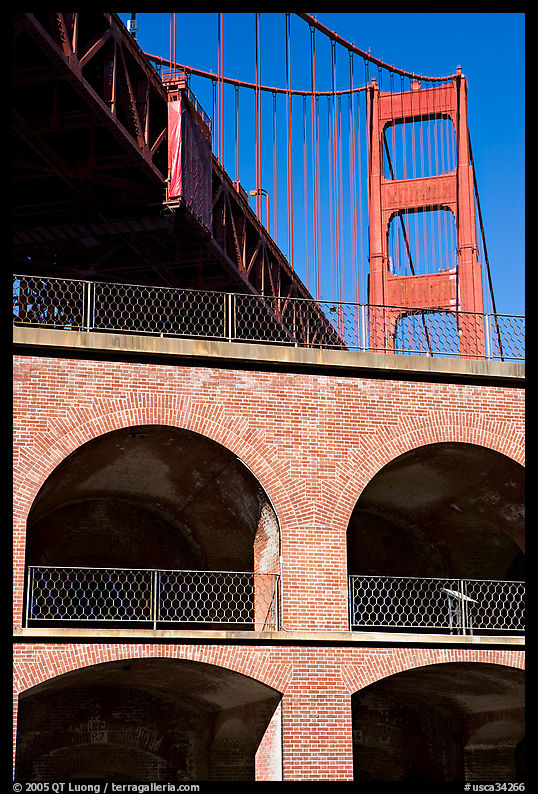 Arched galleries of Fort Point and Golden Gate Bridge pillar. San Francisco, California, USA