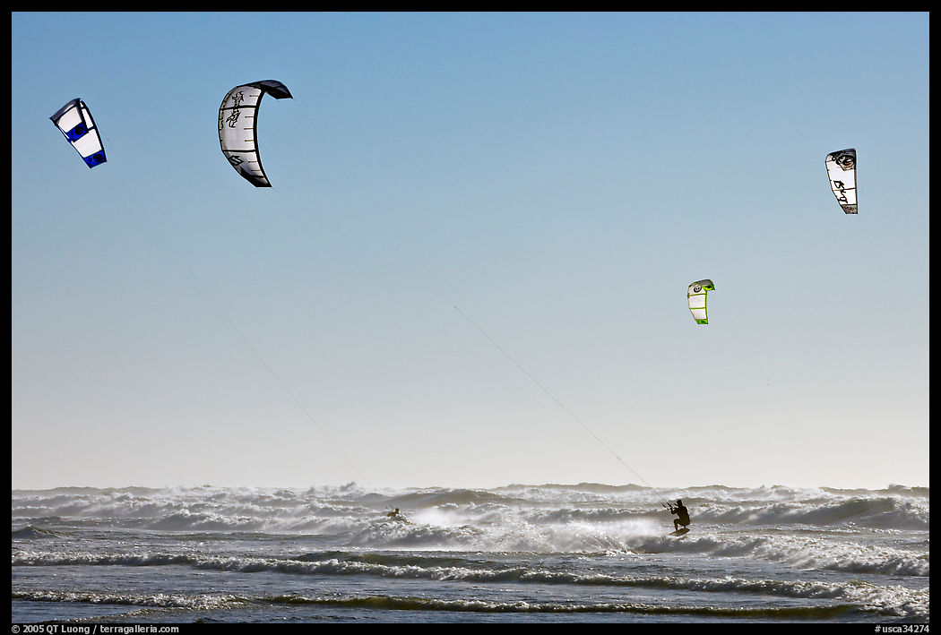 Multitude of kite surfing wings, afternoon. San Francisco, California, USA
