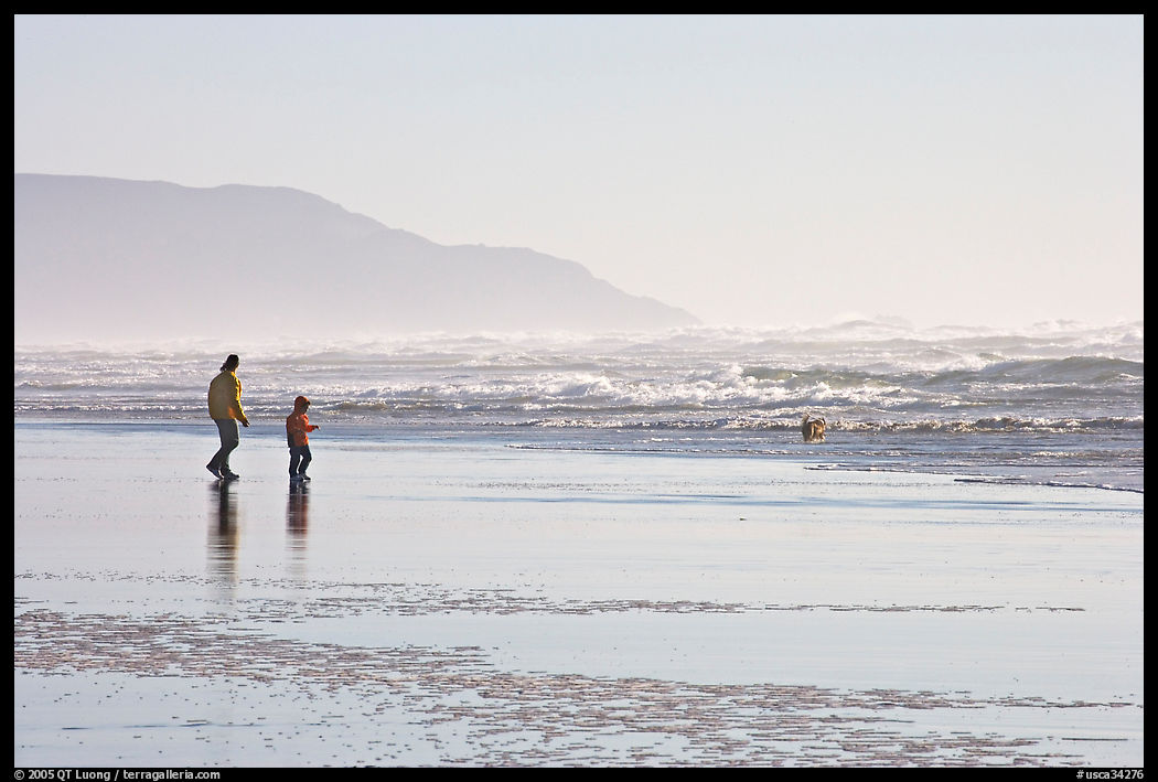 Man and child on wet beach, afternoon. San Francisco, California, USA