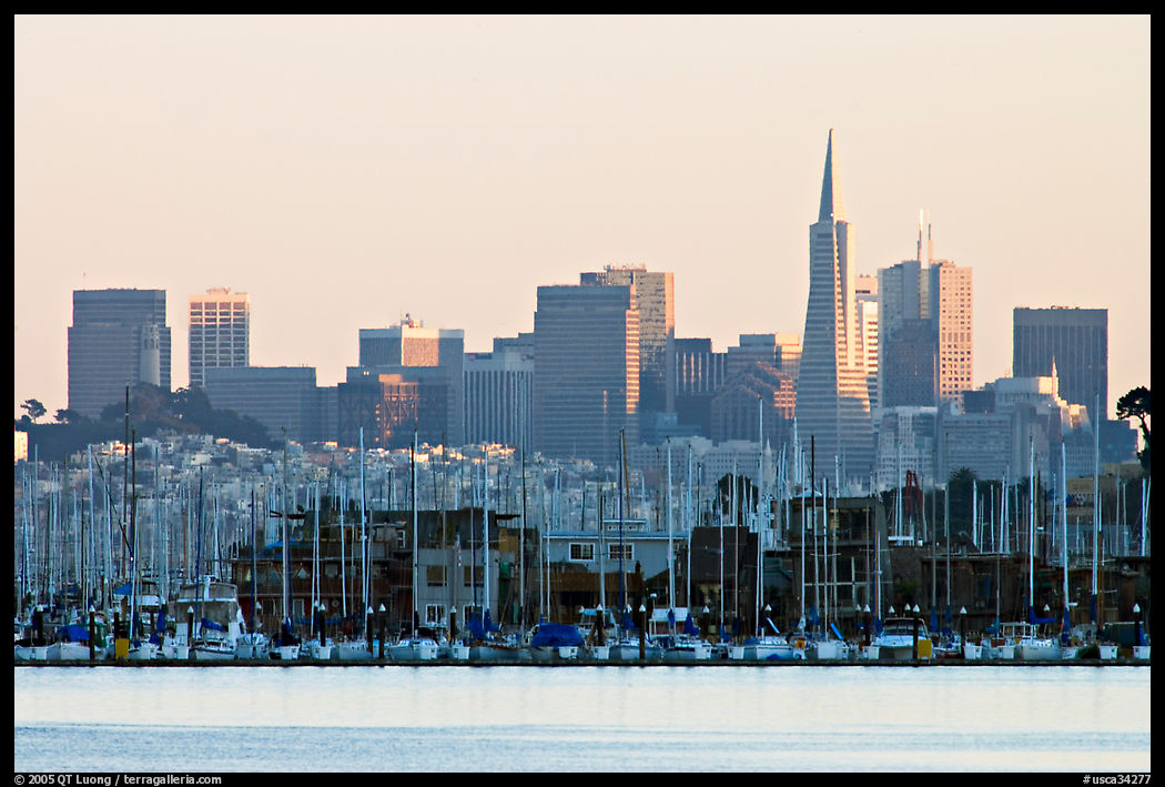 Sausalito houseboats and City skyline, sunset. San Francisco, California, USA
