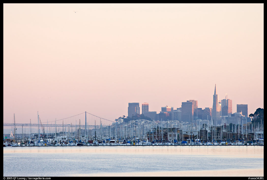 San Francisco Skyline seen from Sausalito with houseboats in background. San Francisco, California, USA
