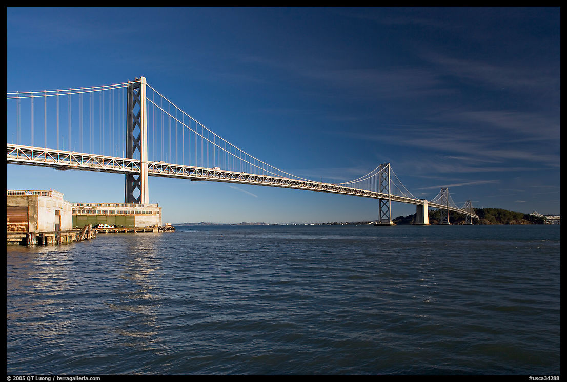 Pier, Oakland Bay Bridge, and Yerba Buena Island, early morning. San Francisco, California, USA