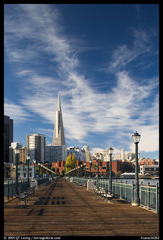Wooden pier and Transamerica Pyramid, morning. San Francisco, California, USA