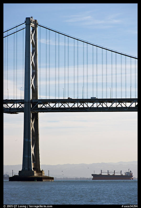 Bay Bridge and tanker,  morning. San Francisco, California, USA