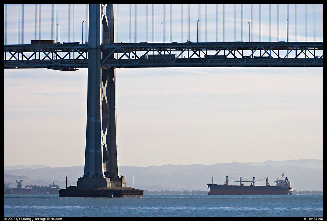 Tanker ship and Bay Bridge,  morning. San Francisco, California, USA