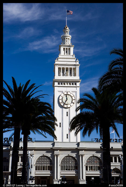 Clock tower of the Ferry building, modeled after the  Seville Cathedral. San Francisco, California, USA