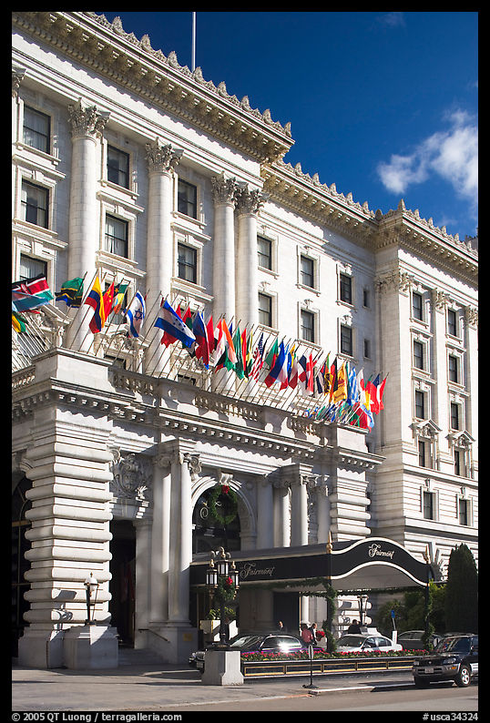 Fairmont Hotel and flags, early afternoon. San Francisco, California, USA