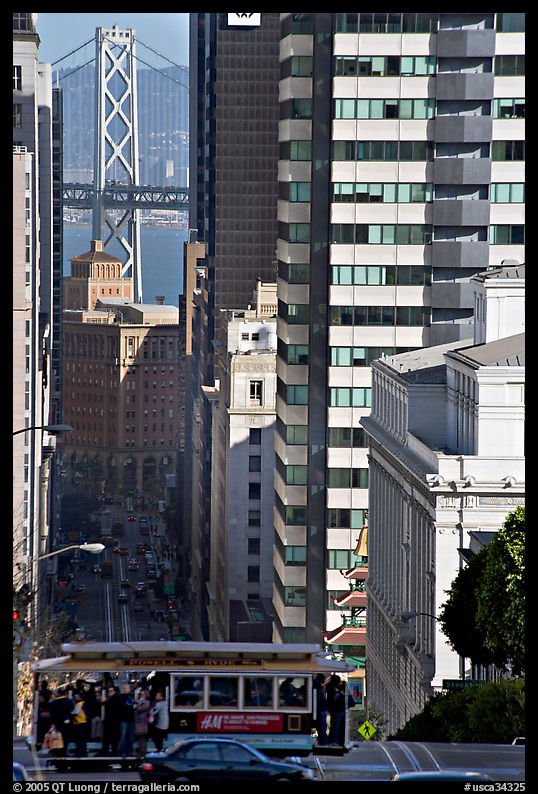 Cable-car, Chinatown, Financial District and Bay Bridge. San Francisco, California, USA