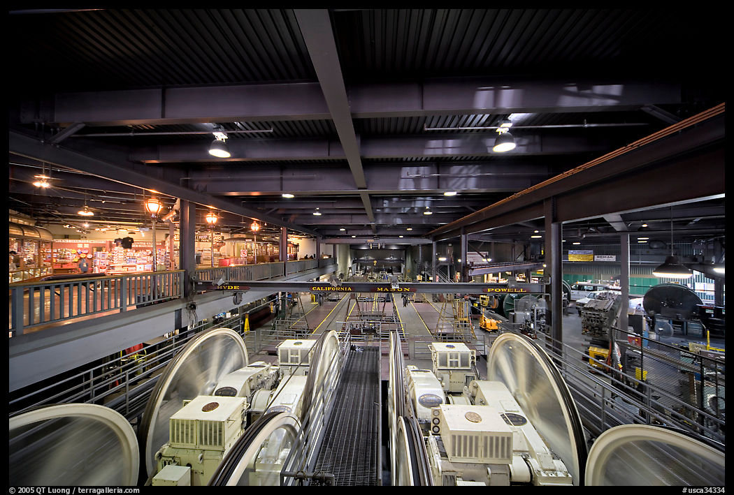 Wide inside view of historic cable car barn. San Francisco, California, USA