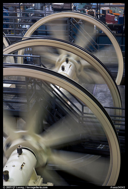 Wheels of cable winding machine. San Francisco, California, USA