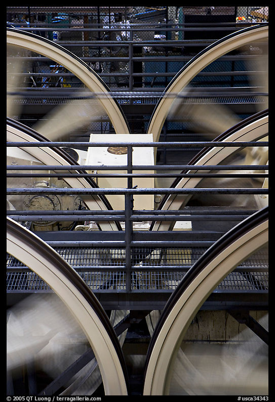 Wheels of cable winding machine in rotation. San Francisco, California, USA
