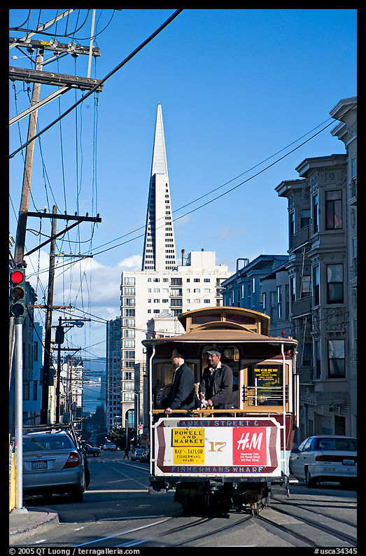 Cable car and Transamerica Pyramid. San Francisco, California, USA