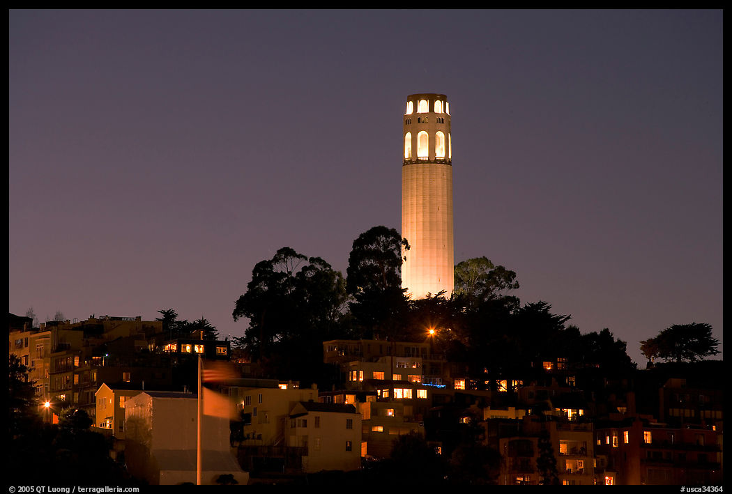Coit Tower and Telegraph Hill at night. San Francisco, California, USA