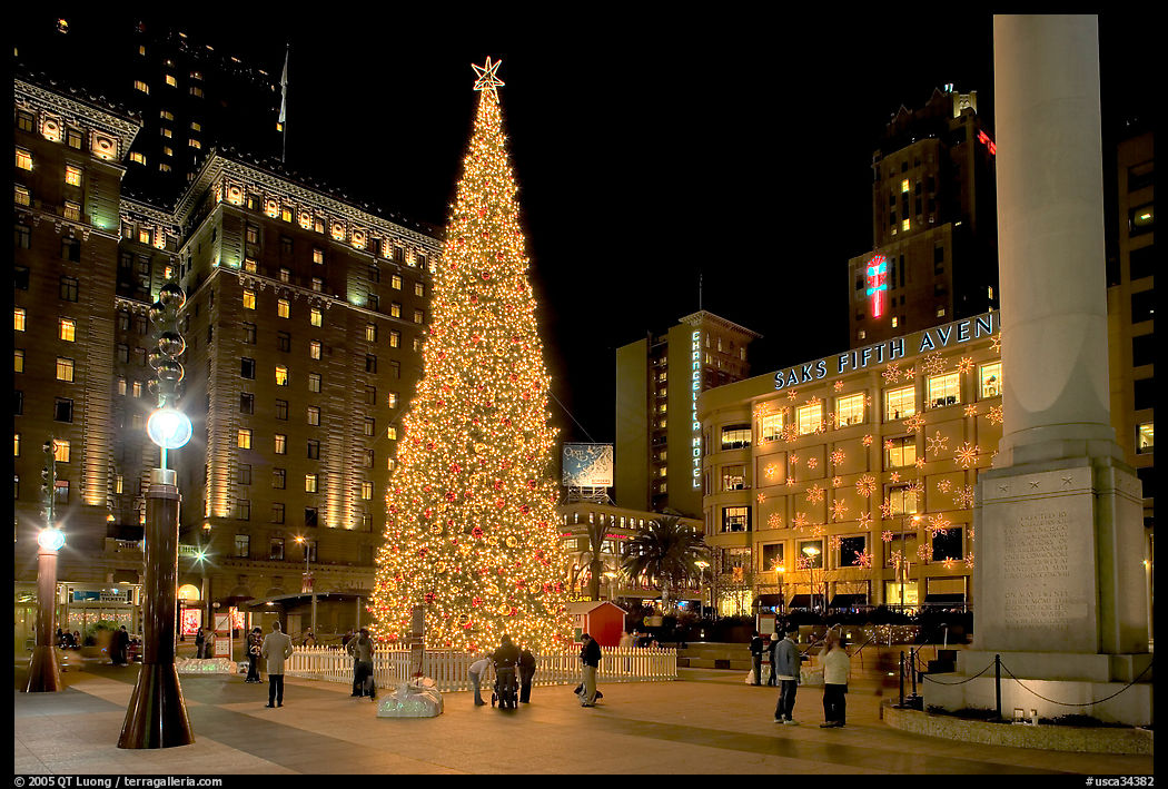 Christmas tree on Union Square at night. San Francisco, California, USA