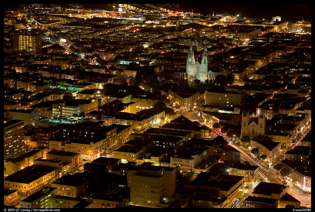 Above view of North Beach at night. San Francisco, California, USA
