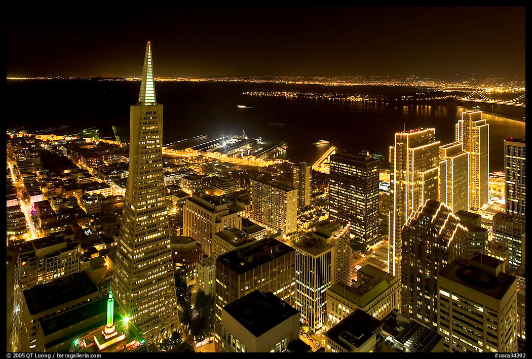 Transamerica Pyramid and Embarcadero Center from above at night. San Francisco, California, USA