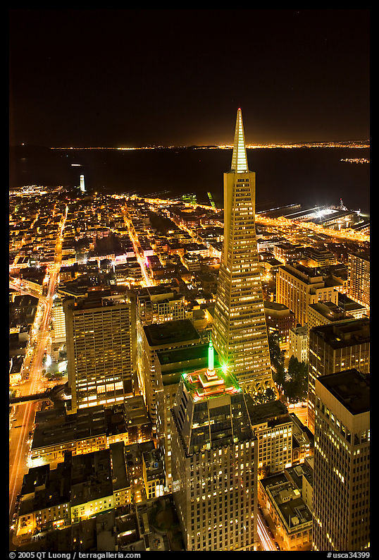 Transamerica Pyramid and Coit Tower, aerial view at night. San Francisco, California, USA