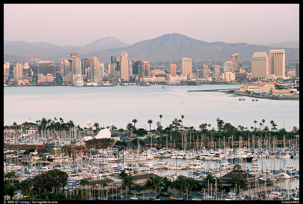 Skyline and San Diego Yacht Club,` from Point Loma, sunset. San Diego, California, USA