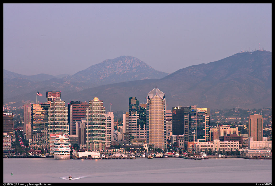 One America Plaza and skyline, sunset. San Diego, California, USA