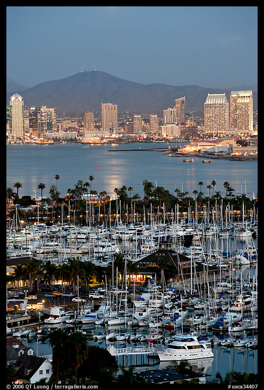 Marina, Shelter Island,  and skyline at dusk. San Diego, California, USA