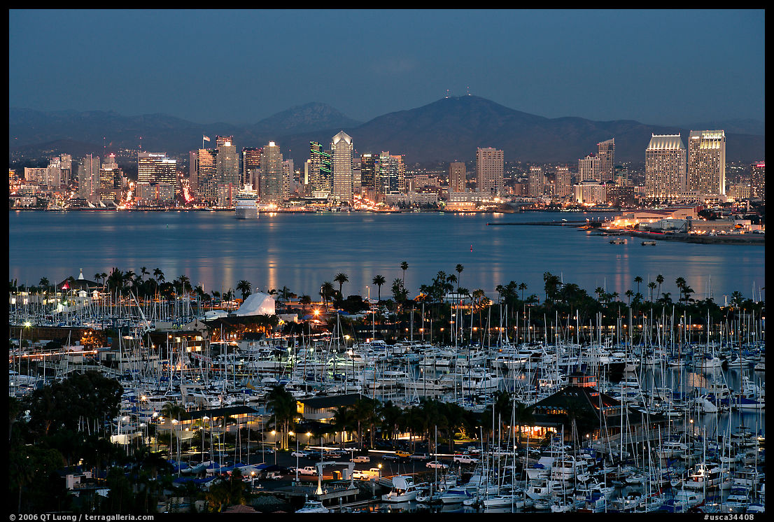 Marina and skyline at night. San Diego, California, USA