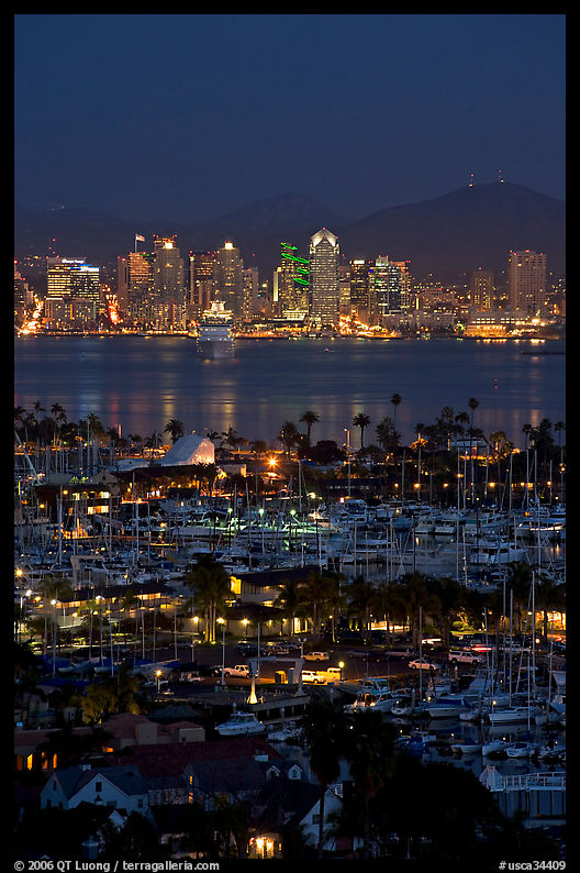 San Diego Yacht Club and skyline at night. San Diego, California, USA