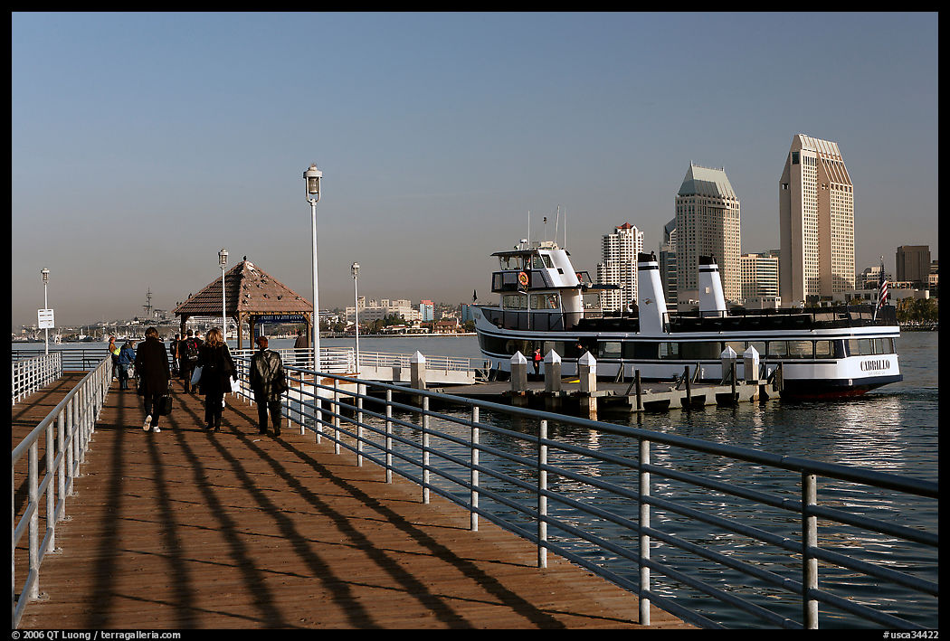 Pier, ferry, and skyline, Coronado. San Diego, California, USA