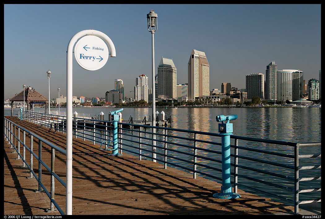 Sign, Ferry pier and skyline, Coronado. San Diego, California, USA