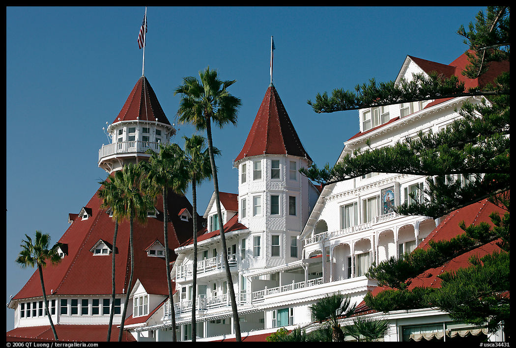 Turrets and towers of Hotel Del Coronado. San Diego, California, USA