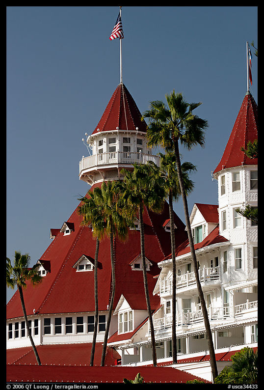 Towers and red roof of Hotel Del Coronado. San Diego, California, USA