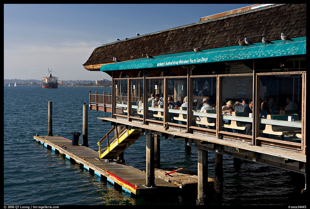 Restaurant at the edge of harbor. San Diego, California, USA