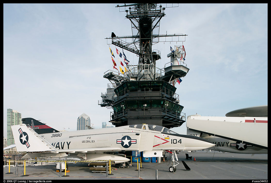 Navy aircraft and island superstructure, USS Midway. San Diego, California, USA