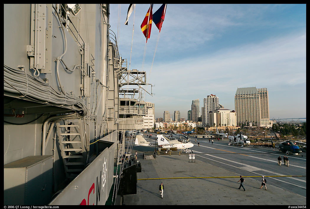 Flight deck and San Diego skyline seen from the USS Midway. San Diego, California, USA