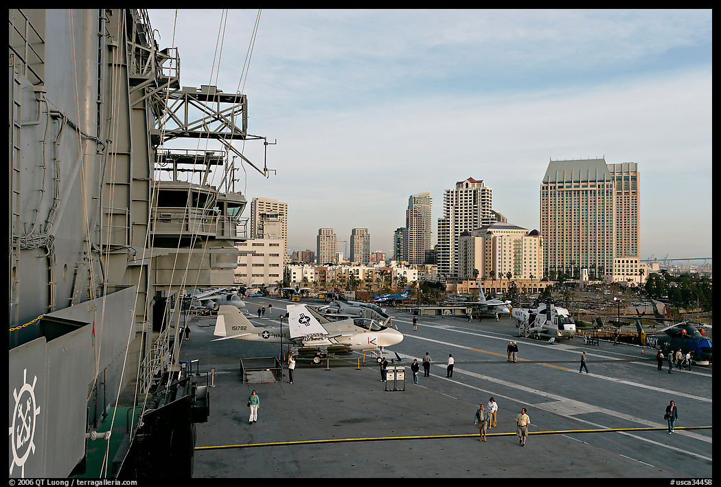 Flight control tower, flight deck, skyline, San Diego Aircraft  carrier museum. San Diego, California, USA