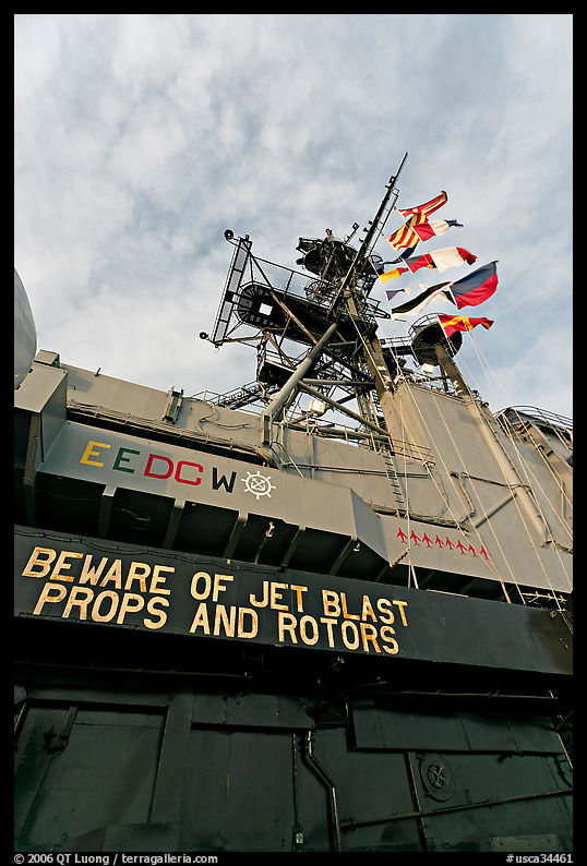 Island and flags,  USS Midway aircraft carrier. San Diego, California, USA