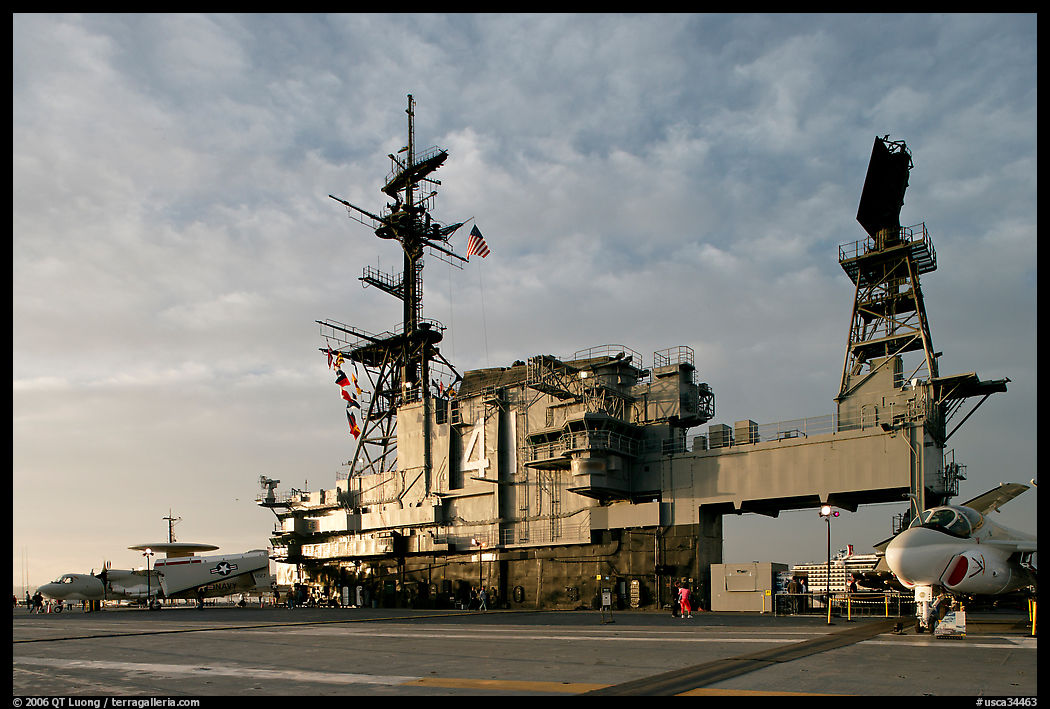 Flight deck and island, USS Midway aircraft carrier, late afternoon. San Diego, California, USA