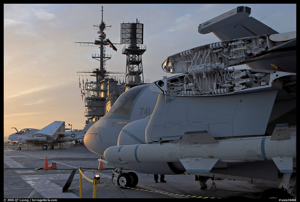 Aircaft with wings folded to save space, USS Midway aircraft carrier. San Diego, California, USA