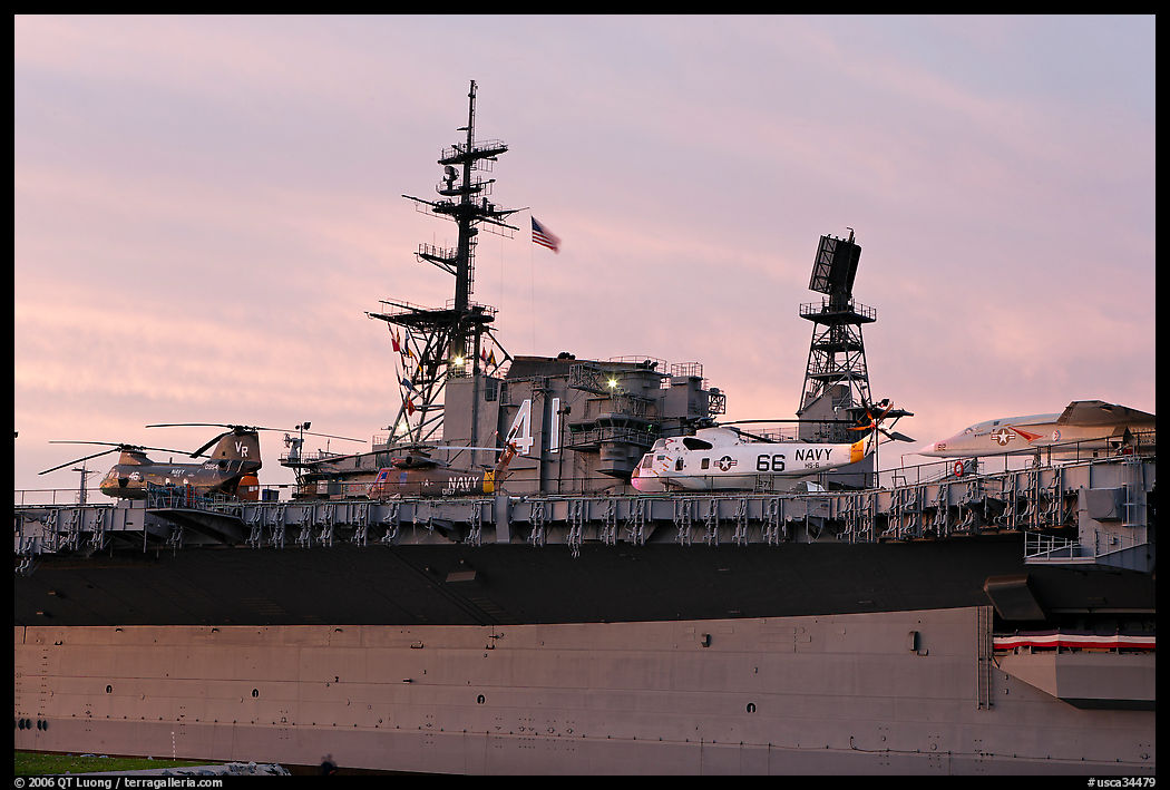 Aircraft and Island on the USS Midway, sunset. San Diego, California, USA