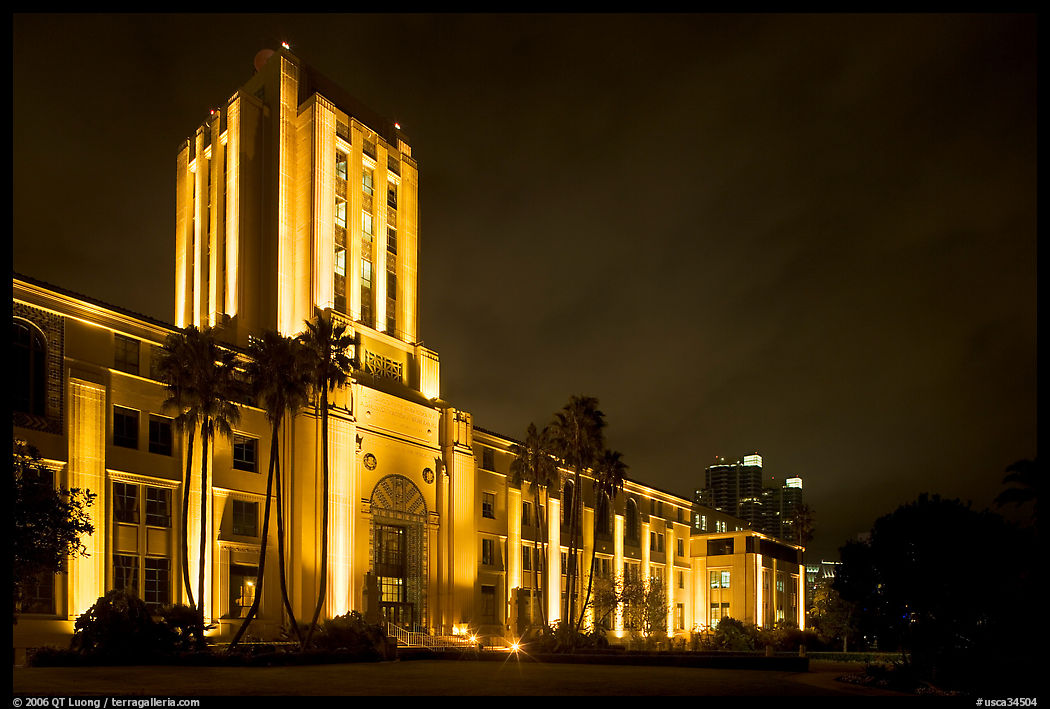 County Administration Center in Art Deco style at night. San Diego, California, USA
