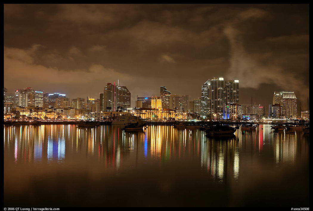 San Diego skyline from Harbor Drive, nite. San Diego, California, USA