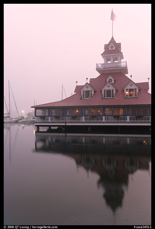 Boathouse restaurant in fog at sunrise, Coronado. San Diego, California, USA