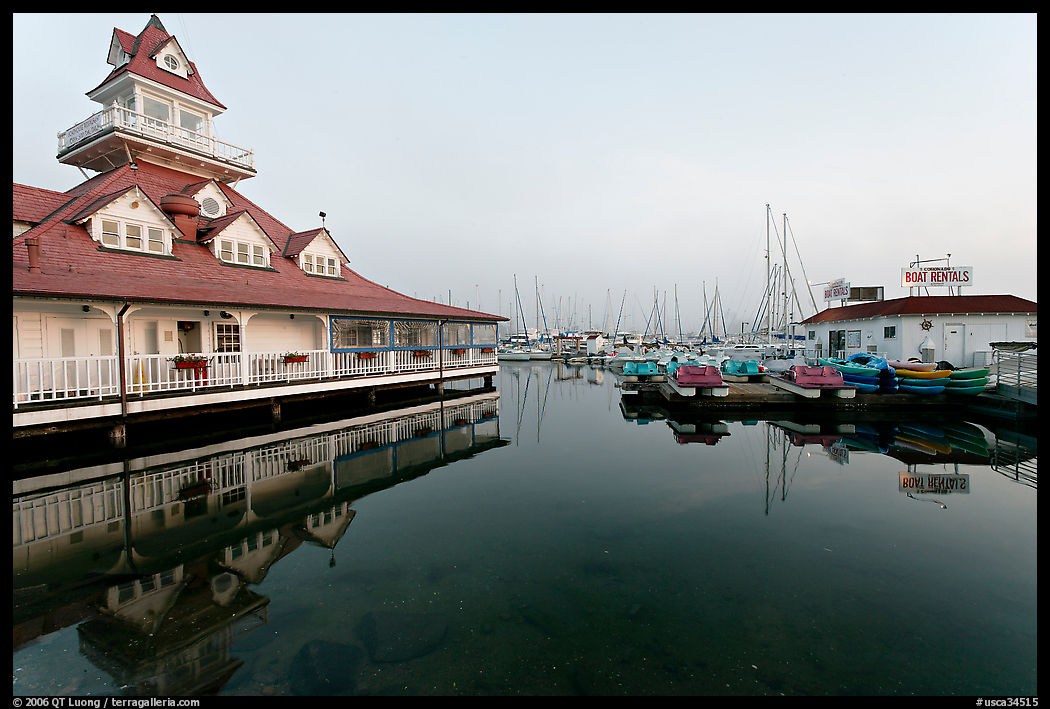 Period and modern boathouses, early morning, Coronado. San Diego, California, USA