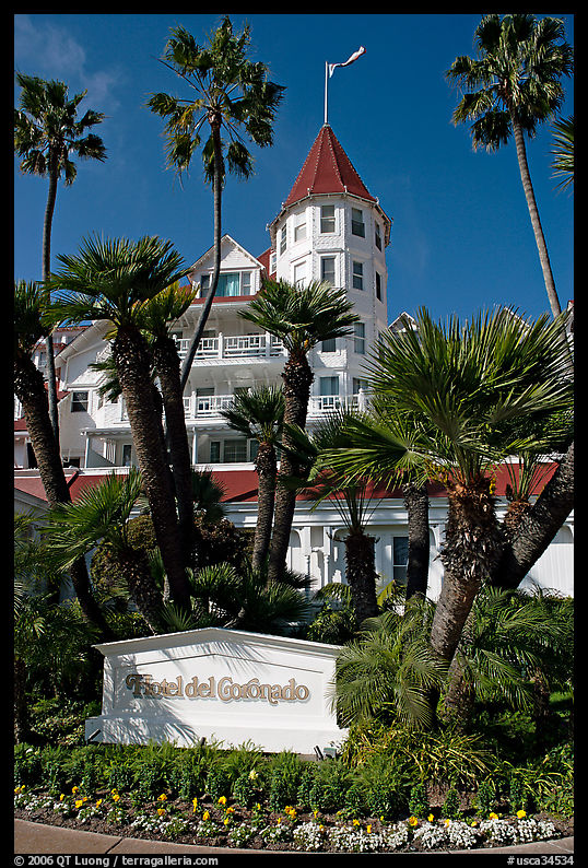Sign, palm trees, and hotel Del Coronado. San Diego, California, USA