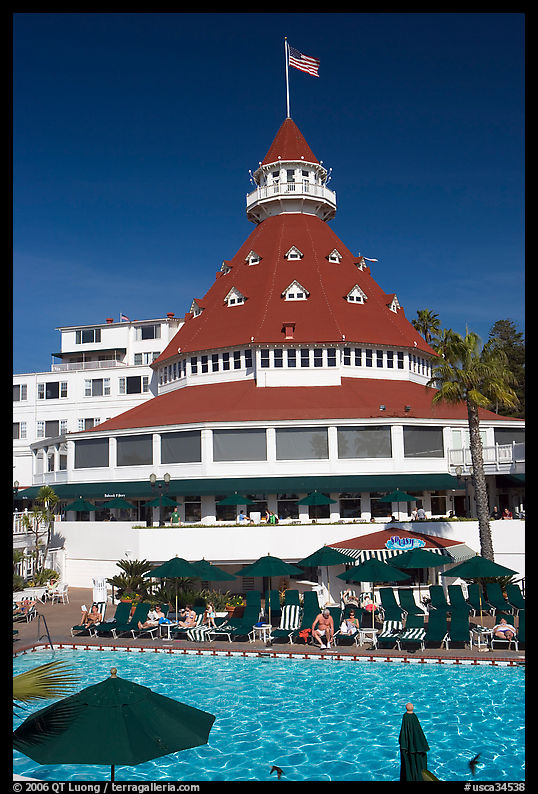 Swimming pool and tower,  Del Coronado hotel. San Diego, California, USA