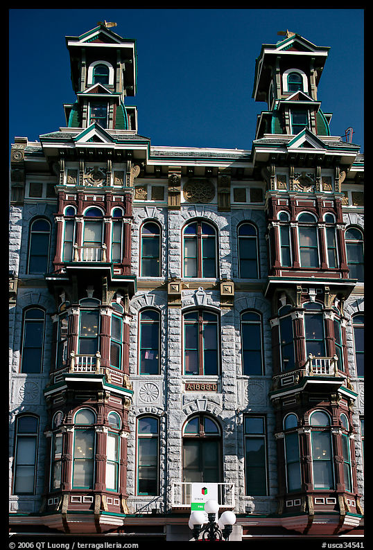 Twin towers of the Louis Bank of Commerce in baroque revival style,  Gaslamp quarter. San Diego, California, USA