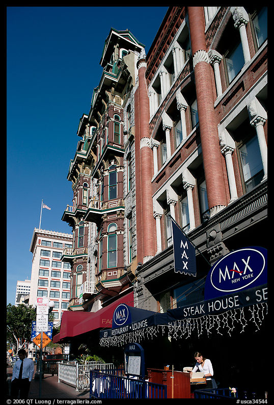 Gaslamp quarter street with historic buildings. San Diego, California, USA