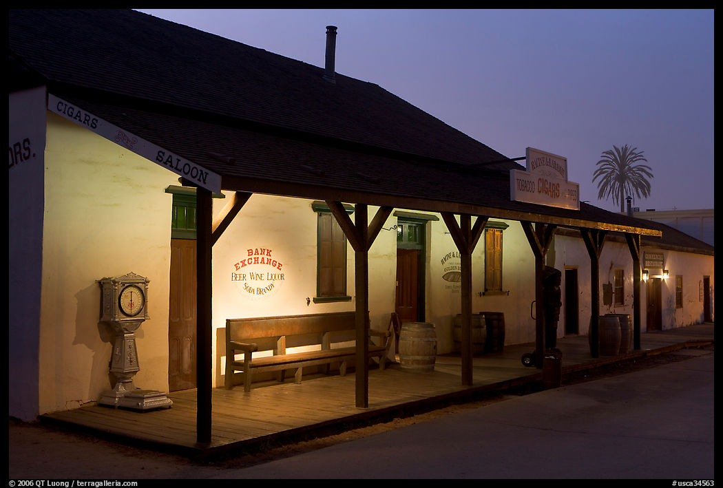Historic building at night, Old Town State Historic Park. San Diego, California, USA