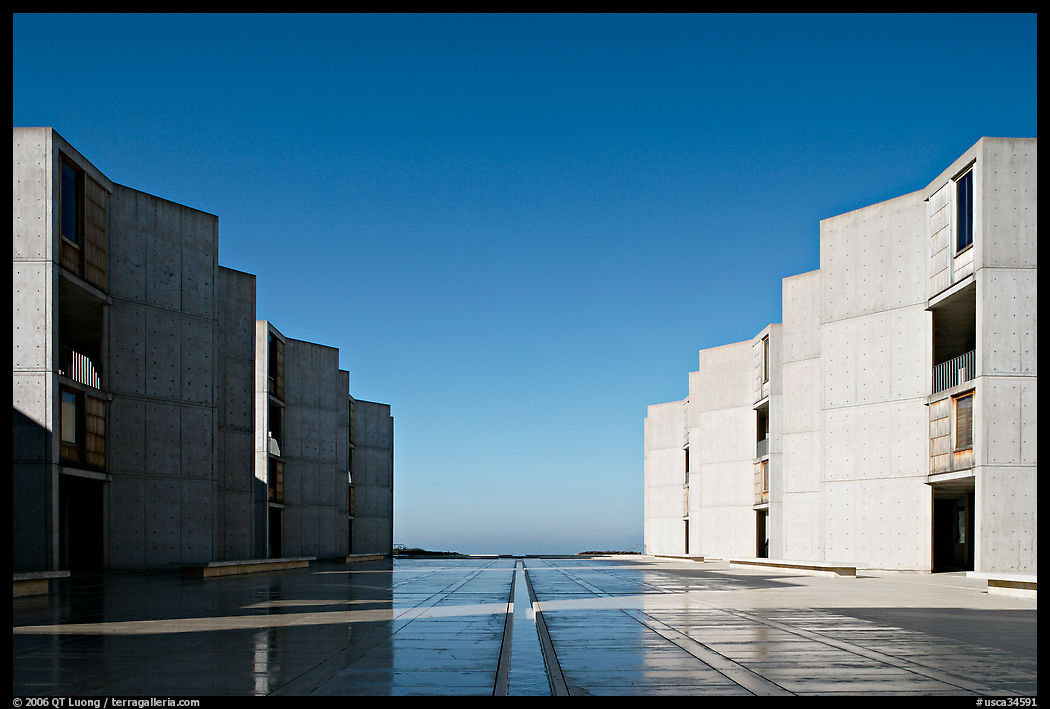 Watercourse bisecting travertine courtyard, Salk Institute. La Jolla, San Diego, California, USA