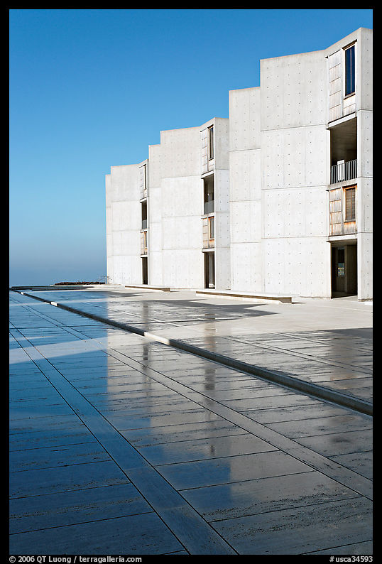 Cubist Laboratory blocks reflected in courtyard marble, Salk Institute. La Jolla, San Diego, California, USA